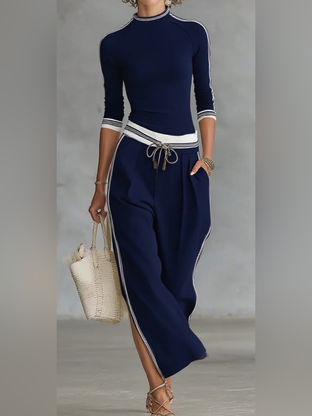 MODESEES Half-high-neck Long-sleeved T-shirt Drawstring Wide-leg Pants